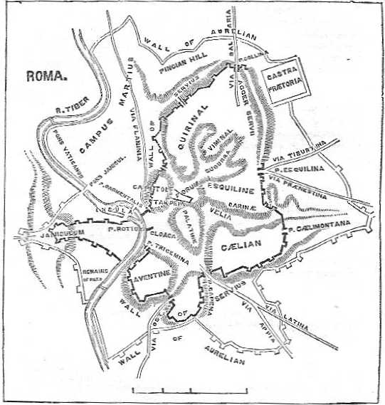 Map of Rome, showing the Servian Wall and the Seven Hills.